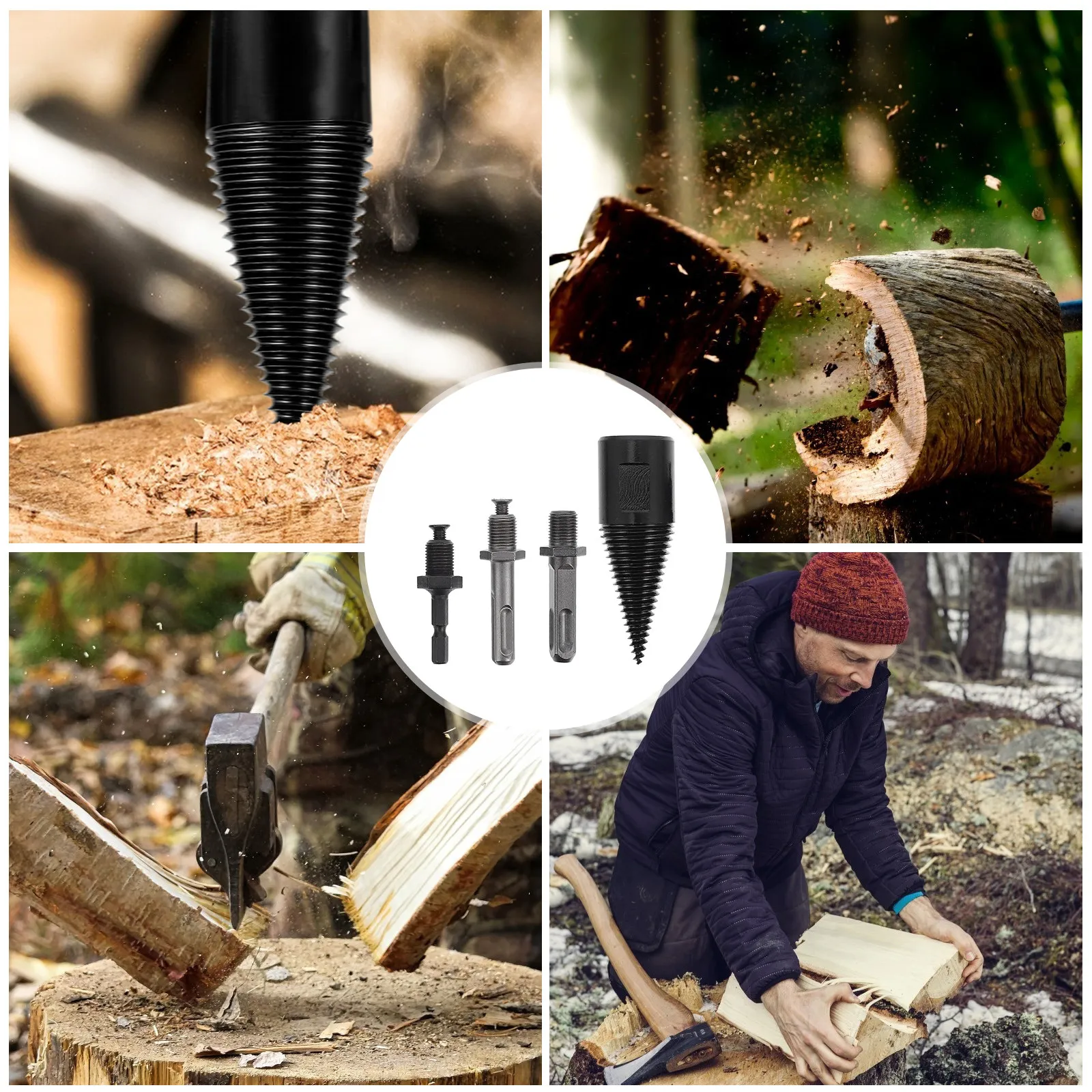 4Pcs Electric Splitter Drill Bit Kit Integral Forged Construction High Durability Firewood Drill Bits for Fast Efficient Wood