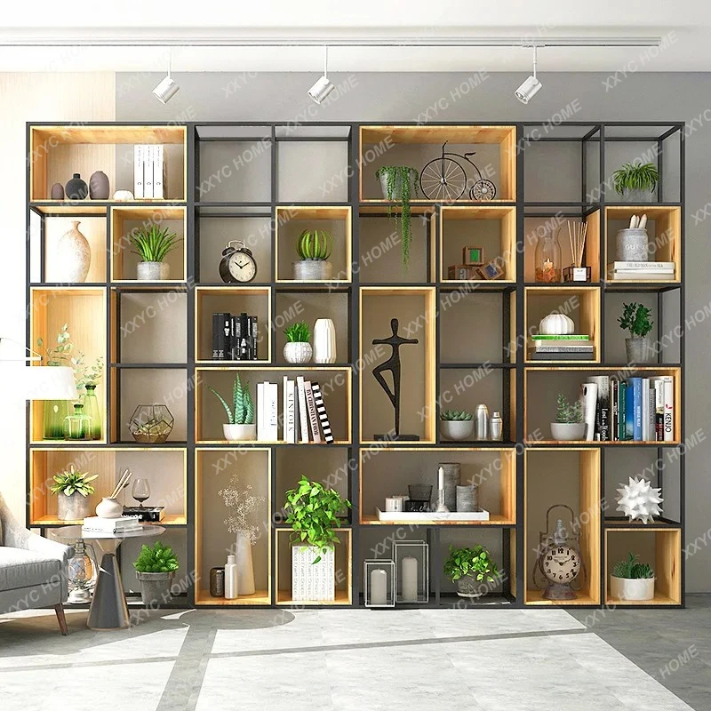 Office wrought iron partition shelves floor-to-ceiling multi-layer solid wood lattice