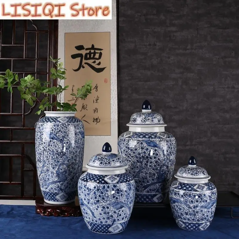 

New Chinese Classical Ceramic Decorative Jar General Jar Painted Porcelain Flower Vase Storage Jar Ceramic Handicraft Decoration