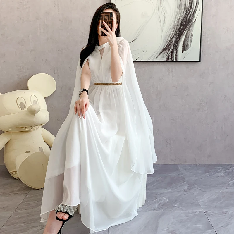 New Chiffon Fashion Elegant Long Batwing Sleeve White Dress Slim Ball Gown Evening Party Women Summer Floor Length Maxh Dresses