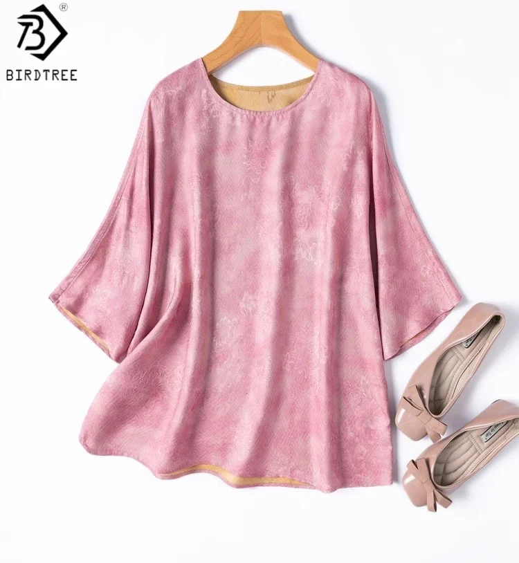 

Birdtree 100% Mulberry Silk Reversible Pink Shirt,Women Jacquard Satin O-neck Dolman Sleeve Blouse,2025 Commute Style T57621JF