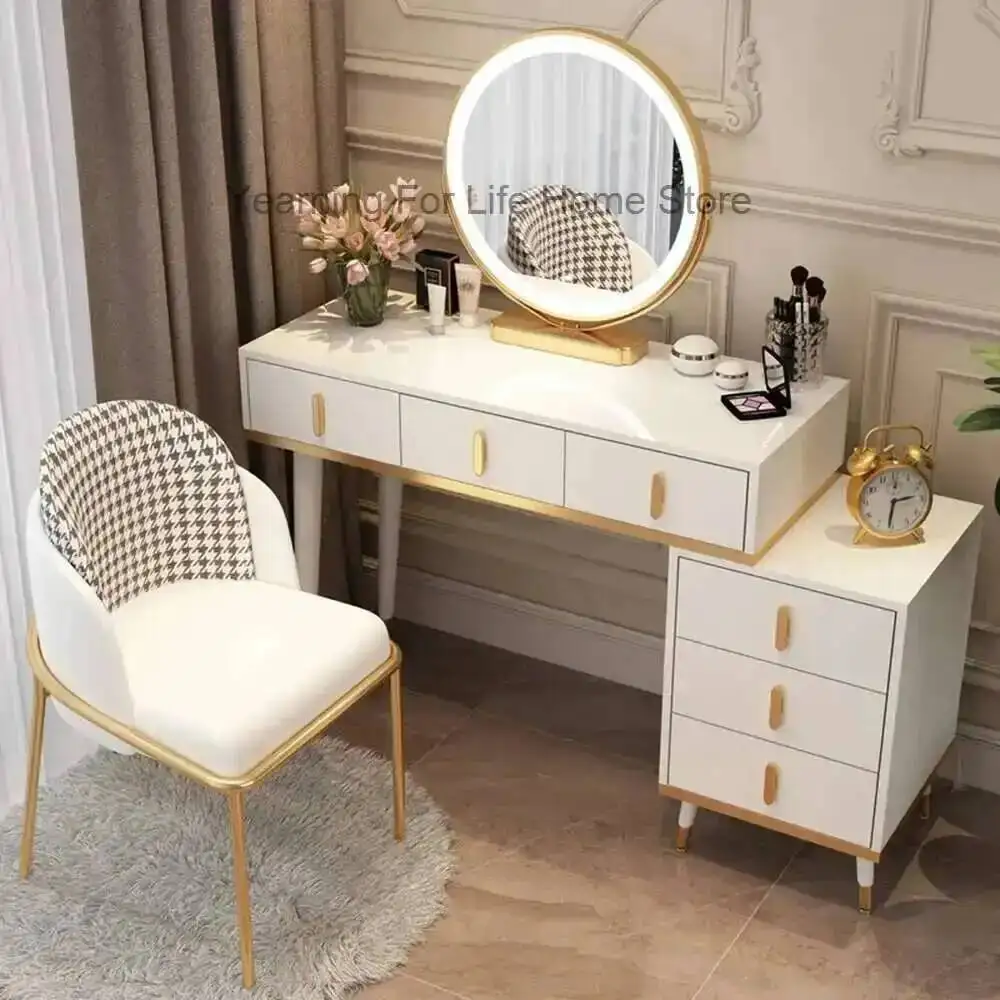 

Girls Jewelery Box Dressing Table Handles Luxury Gold Leg Black Make Up Vanity Table Mirror Women Tavolo Trucco Accessories