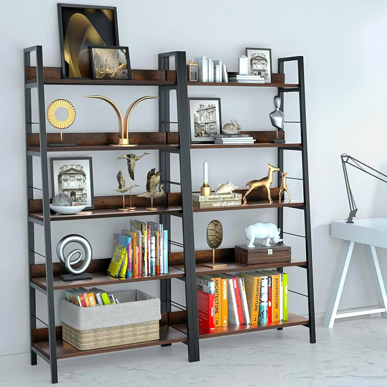 Industrial 5-Tier Ladder Shelf Freestanding Storage Rack Metal Frame Living Room Office Rustic Brown 2Packs, Customized