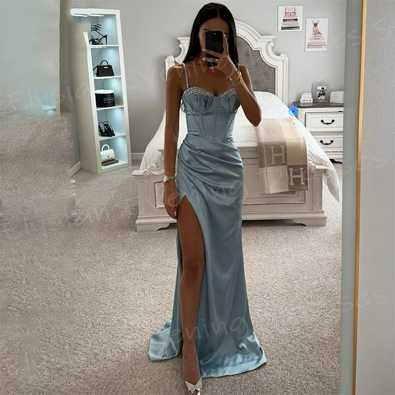 Graceful Blue Women\'s Mermaid Charming Evening Dresses Sexy Spaghetti Strap Prom Gowns Modern Side High Split Vestido De Noche