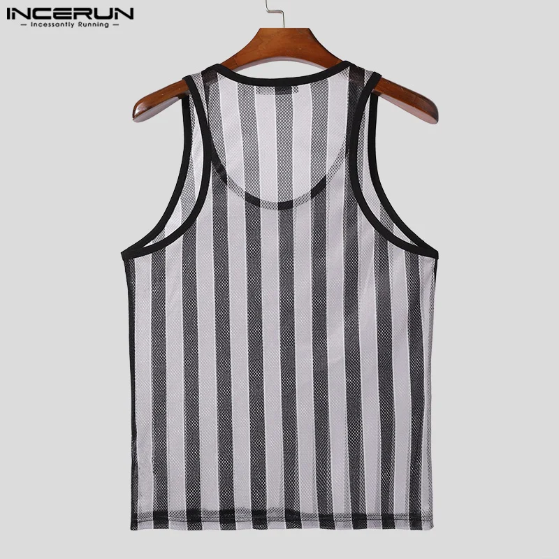 INCERUN Men Tank Tops Transparent Striped O-neck Sleeveless Vests Summer Streetwear 2024 Fitness Fashion Casual Men Clothing