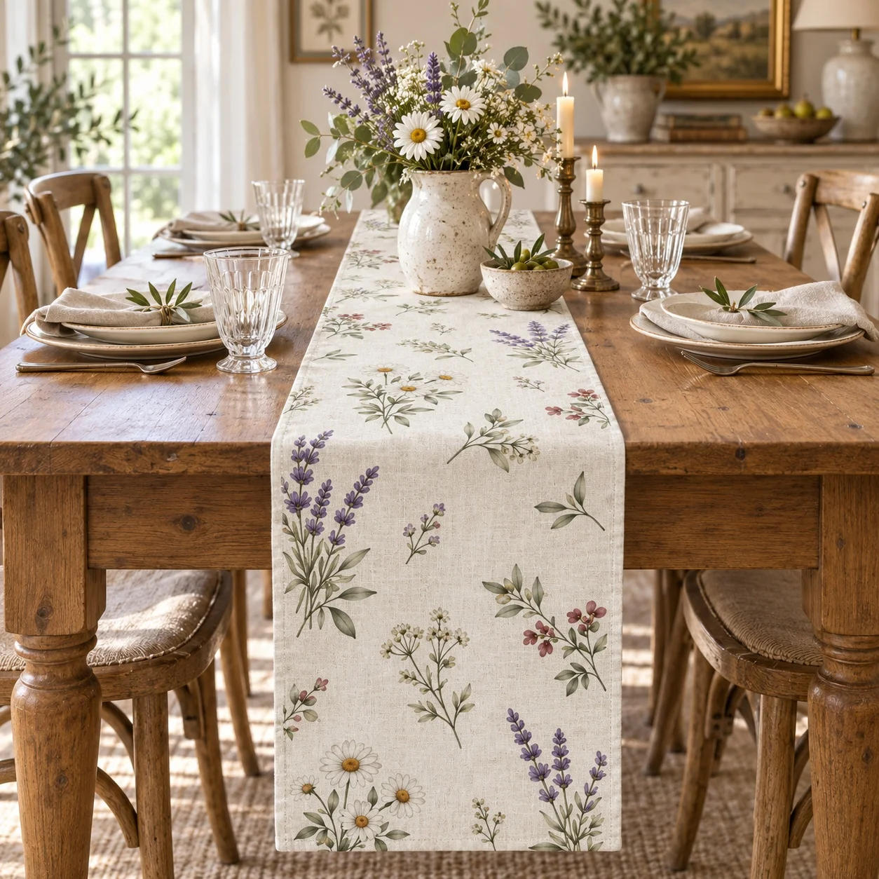 Floral Table Runner Beige Botanical Flower Pattern Linen Style Dining Table Decor Cottagecore Farmhouse Home Kitchen Decoration