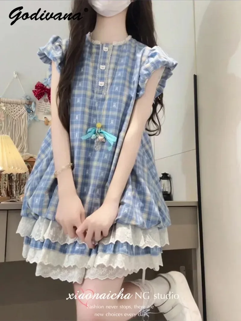 Cute Girls French Retro Blue Plaid Small Flying Sleeve Lace Stitching Casual Dress Summer Student Loose Waist Bud Cake Dress