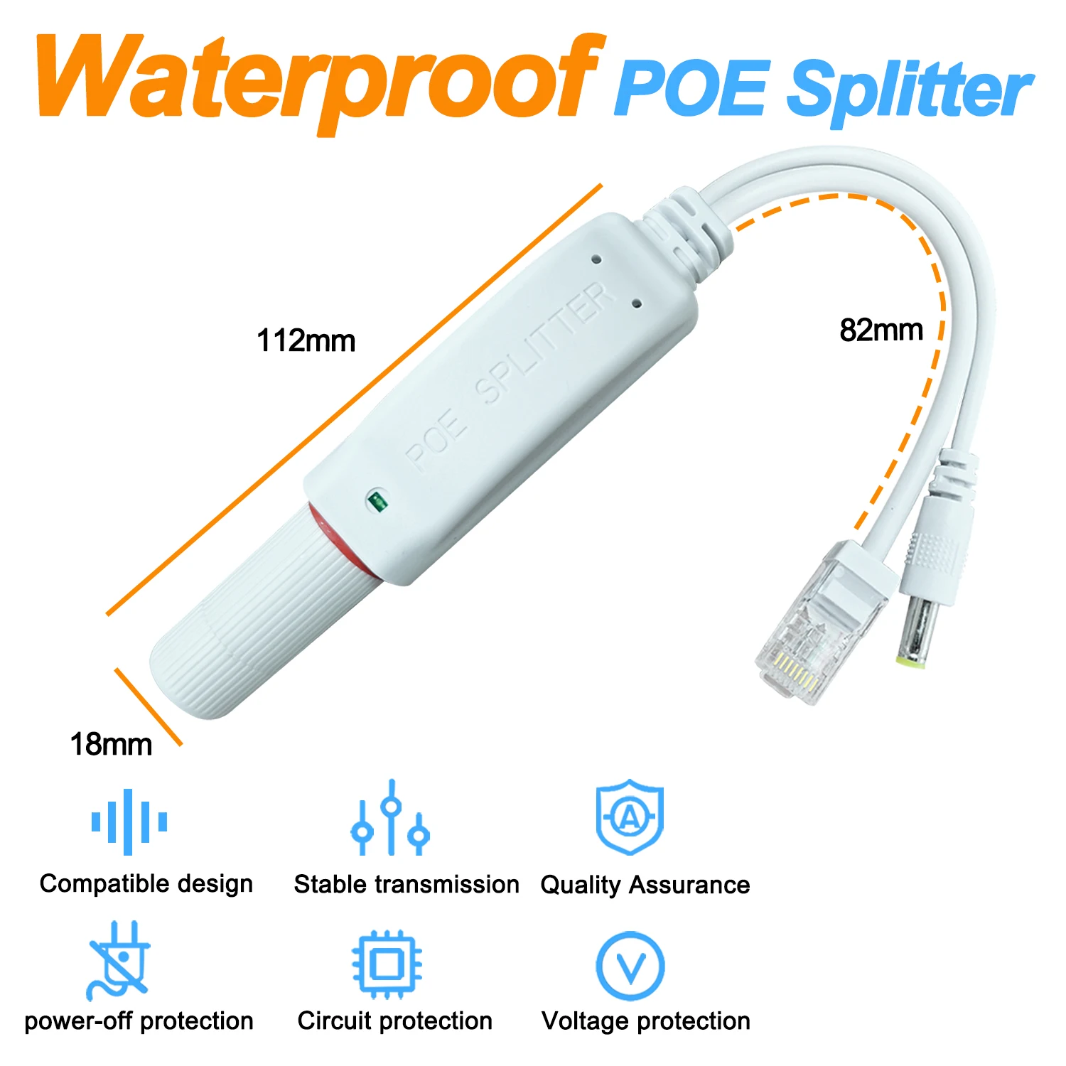 POE Splitter Adapter Active Adaptive Separator Cable Supply Module Injector Isolation Waterproof 48V to 12V DC 1.2A