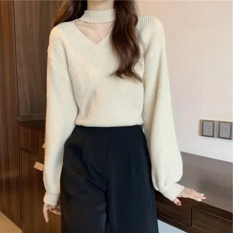 Neckline Sexy Atmosphere Sense Sweater Women Autumn Winter 2024 New Solid Color Careful Machine Hollowed-out Clavicle Knit Top