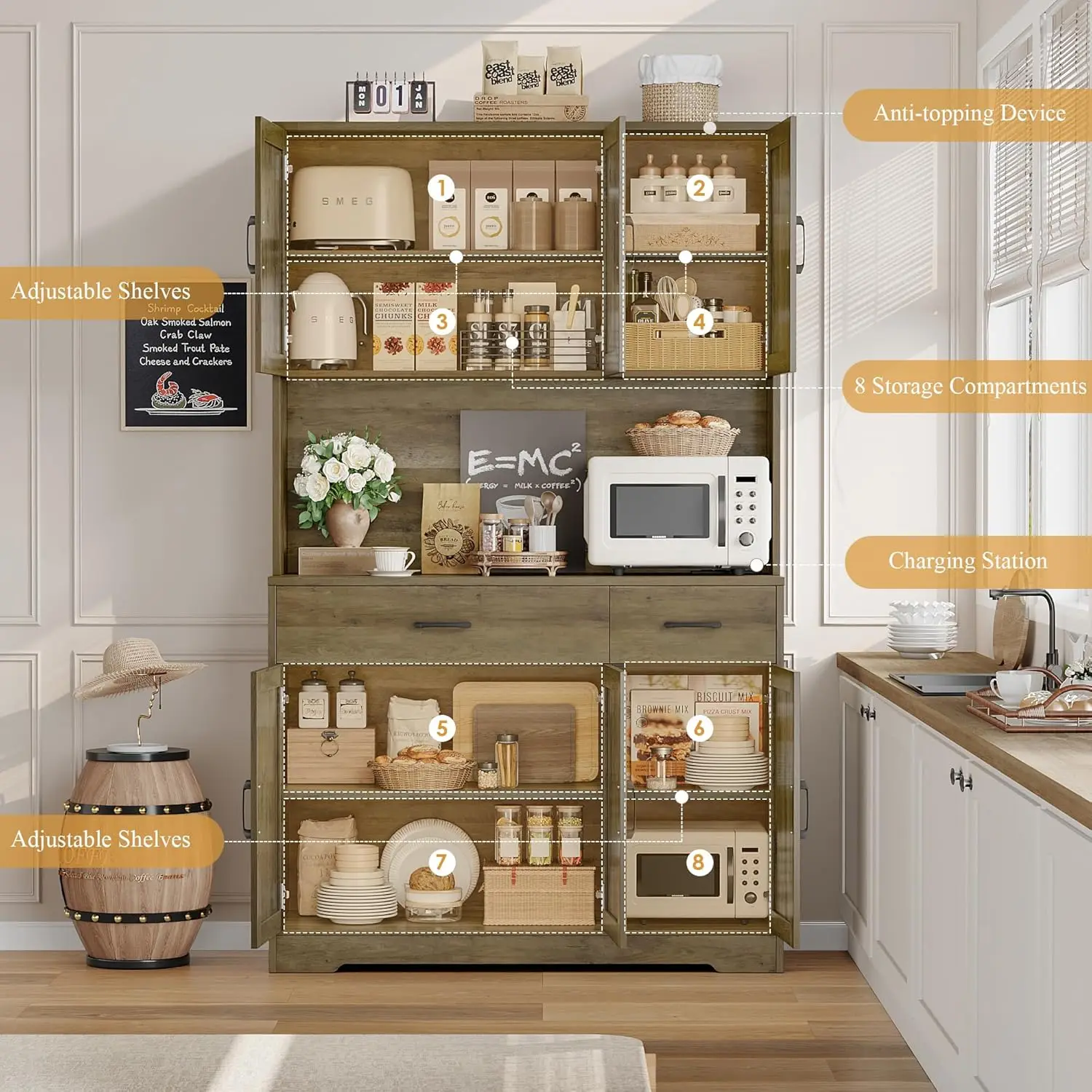 خزانة مطبخ طويلة حديثة للمزرعة مع أبواب وأدراج وأرفف قابلة للتعديل