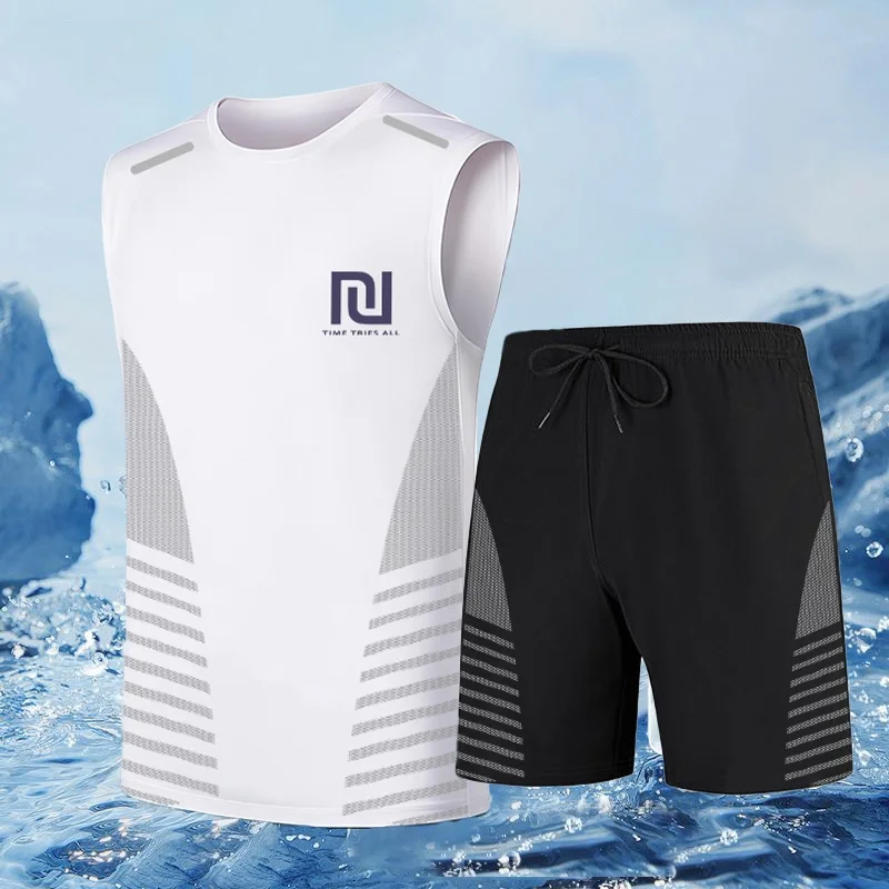 

Мужской комплект одежды из быстросохнущего ледяного шелка: футболка с коротким рукавом и спортивный жилет для баскетбола, тренировок и бега, летний спортивный комплект