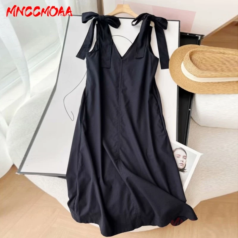 2024 Women Fashion Vintage V-Neck Sling Dresses Female Solid Color Casual Sleeveless Pullover Dress