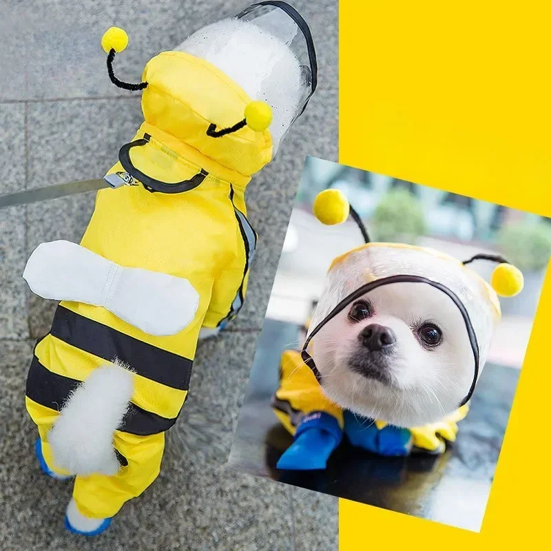 

Bee Cartoon Dog Raincoat Four Leg Waterproof Full Pack with Traction Rope a Small/Medium Dog Bibi Bear Pomeranian Teddy Raincoat