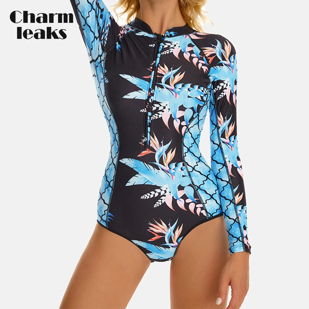 

Charmleaks Women's Rash Guards Front Zipper Rash Guard Print Conservative Swimsuit UPF 50+ One Piece Long Sleeve Surf Suit