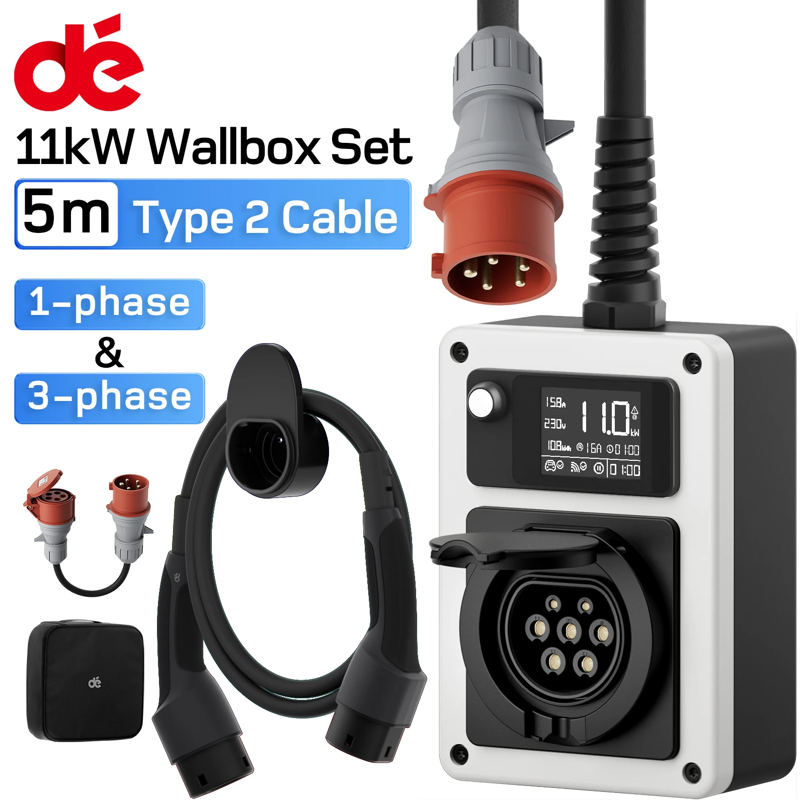 dé Mobile Wallbox 11kW 16A with 11kW Type 2 Charging Cable 5m Set CEE Plug to Type 2 Socket Plug and Play Electric Car Charger