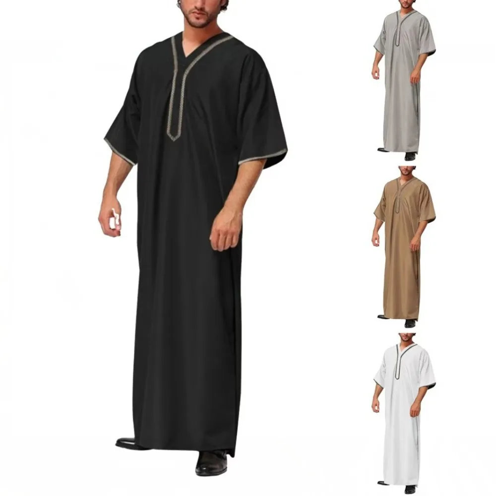 2024 Dubai jubah longgar kemeja panjang lengan pendek set Muslim pria Abaya Arab Saudi Thobe untuk pria pakaian Pakistan Abaya Arab