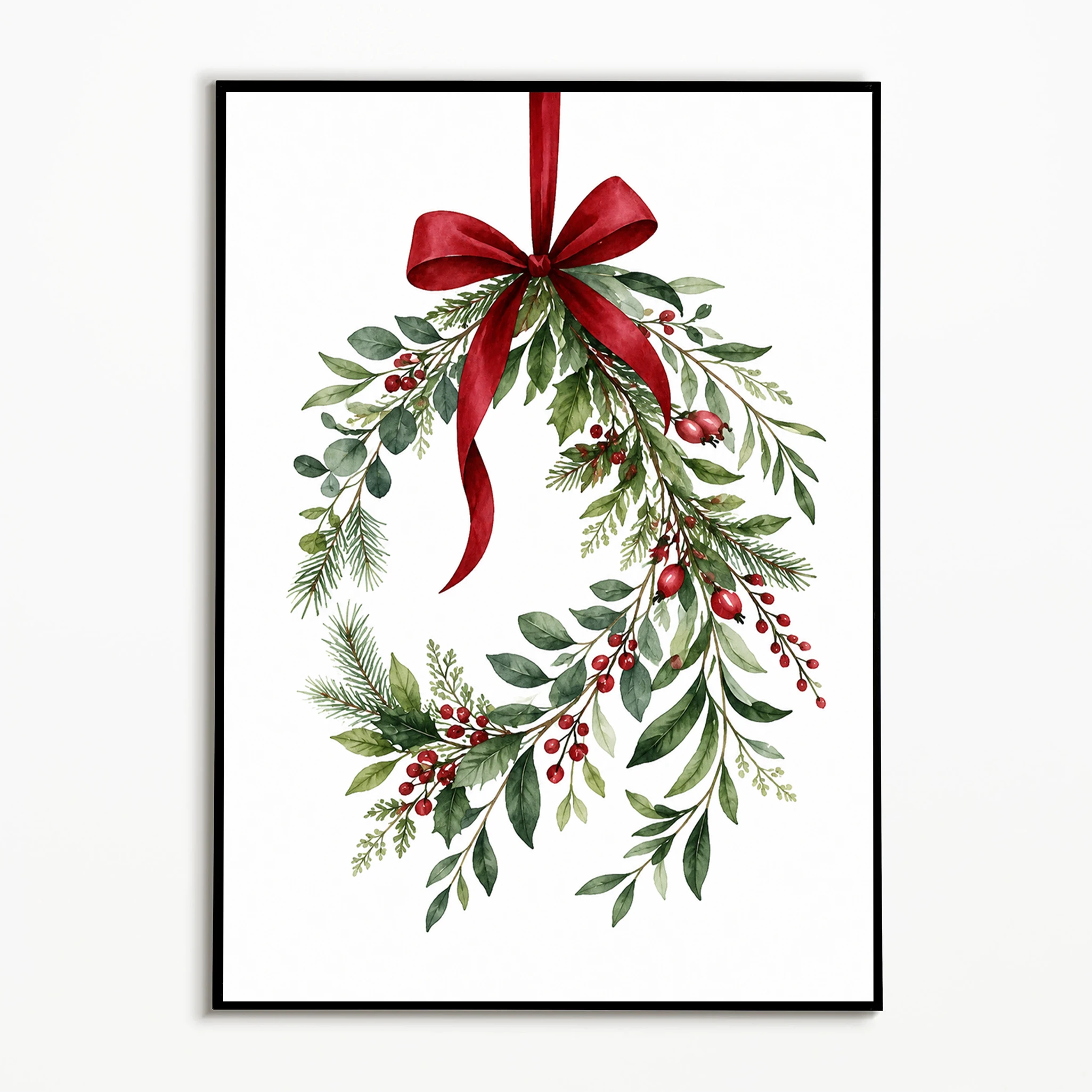 1PC,Watercolor Wall Art Christmas Mistletoe Bow Bell Posters Winter Canvas Painting Cozy Room Wall Decor Gallery Wall Prints