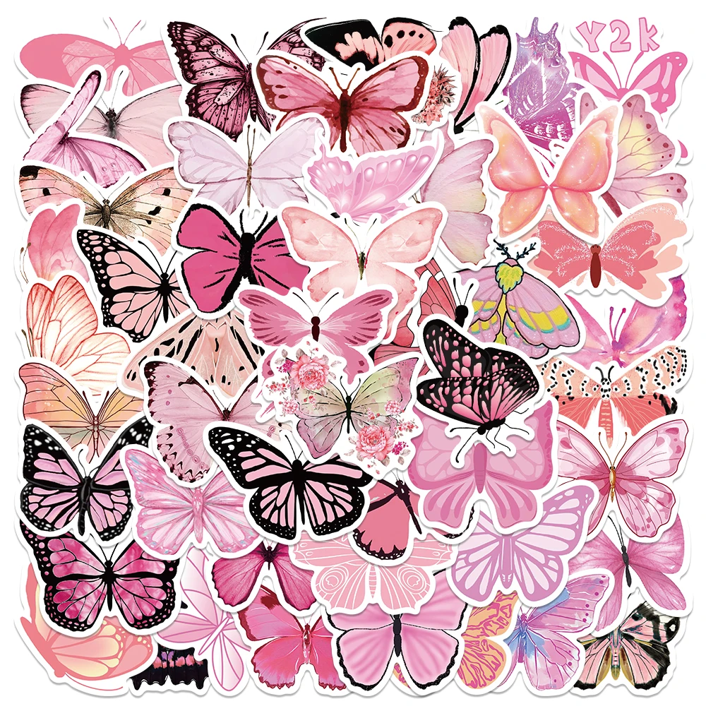 

50pcs Pink Butterfly Stickers Decals For Phone Laptop Skateboard Suitcase Guitar Aesthetic Waterproof Stickers Children Gifts