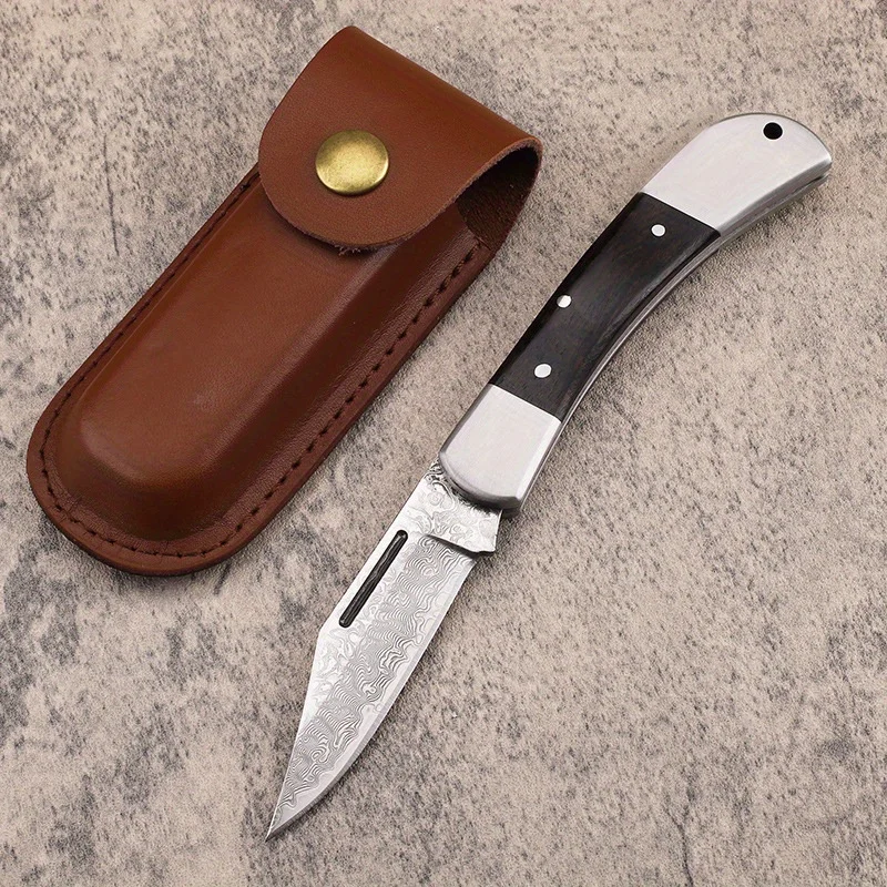 

Damascus Steel Blade Folding Pocket Knife with Leather Case - Portable | Ideal for Outdoor Jungle Adventure & Field Use