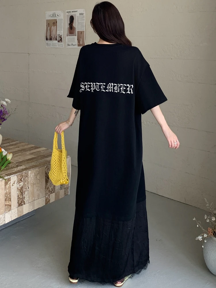 NYFS 2025 الكورية نمط المرأة الصيف فضفاض حجم كبير الدانتيل المرقعة قصيرة الأكمام إلكتروني طباعة فستان طويل رداء Elbise