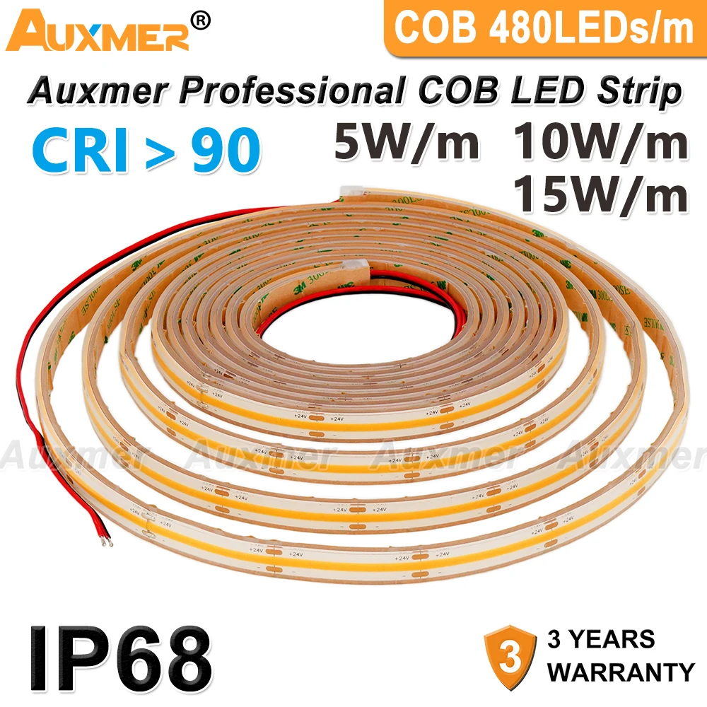 Professional COB LED Strip Lights High Density 480LEDs/m CRI90 IP68 Waterproof DC12V/24V 15W/m 10W/m LED Tape Light for Outdoor