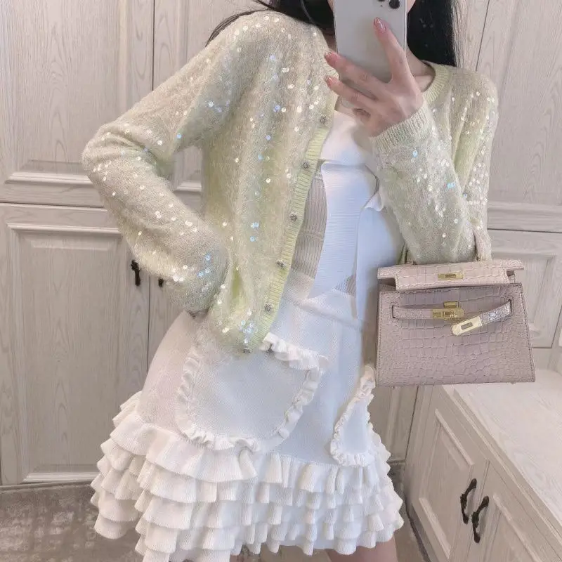 Luxury Women Girls Sequins Knitted Cardigan Beaded Sweater Coat Loose Short Coat Thin Single-breasted Shiny Knitwear Crop Tops