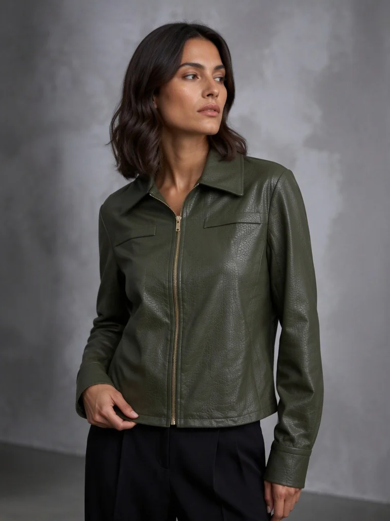 Women's Croc Embossed Faux Leather Jacket Lapel Collar Zip Long Sleeve Casual Streetwear Slim Fit Outerwear With Chest Pockets