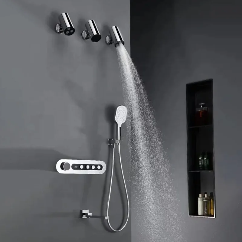 4-Function Thermostatic Shower Set Concealed Wall Mounted Brass Control Rain Pattern Jet Soft Brushed Chrome Finish Ceramic