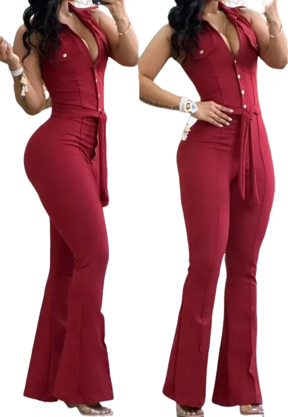 Jumpsuit Women 2023 Autumn New Fashion Casual Turn Down Collar Sleeveless Flared Long Jumpsuits Temperament Commuting