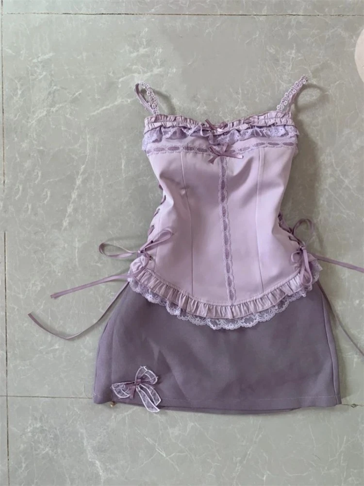 

Sweet Lace Patchwork Short Camisole Vest for Women Summer High Waist Bow Bodycon Skirts Two Piece Sets 2025 Fashion New