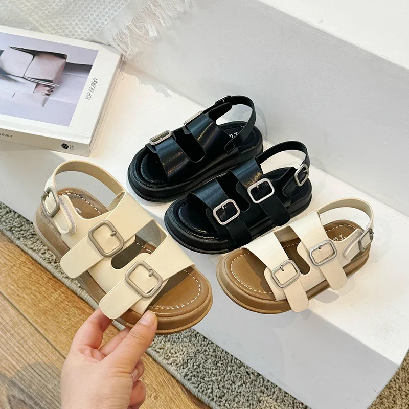 Children Casual Slippers with Buckle Kids Summer Beach Shoes Open-toe Classic Solid Color Boys Girls Retro Sandals 2024 New