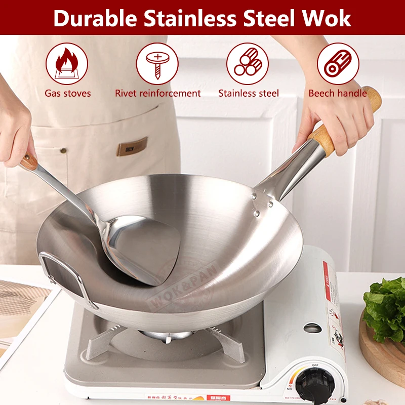 LMMDurable Stainless Steel Wok,Brushed Polished,Beech Handle,Kitchen Cookware for Gas Stoves,Portable Chef Cooking Pot