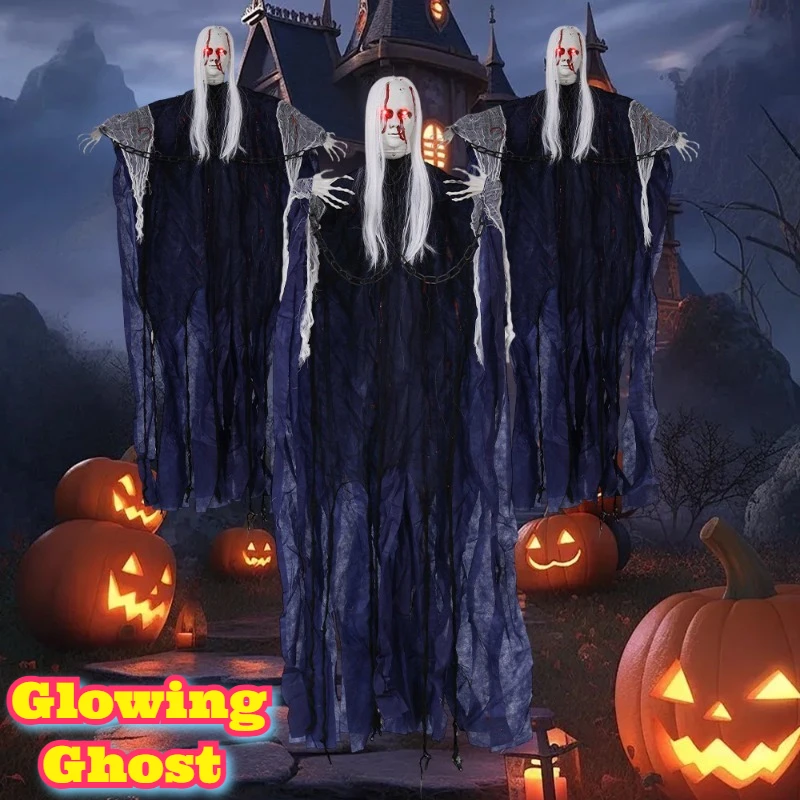 

Halloween Sound Activated Glowing Ghost Scary Scream Chain White Hair Bloody Face Skeleton Hanging Haunted House Decoration Prop