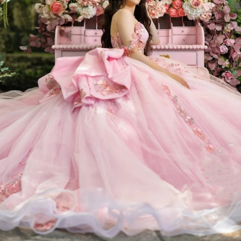 

A16988 Роскошные розовые платья Quinceanera с открытыми плечами и цветочной аппликацией с бантом, бальное платье для выпускного вечера, дня рождения, Vestido De 15, на заказ