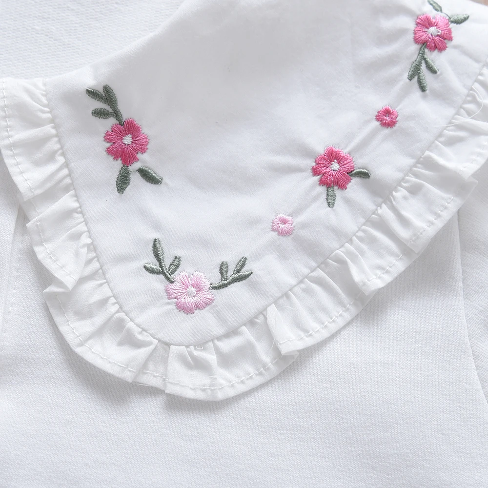 Girls\' Shirt 2025 Spring Autumn New Embroidered Floral Long Sleeve Blouse with Ruffled Collar Kids Clothes