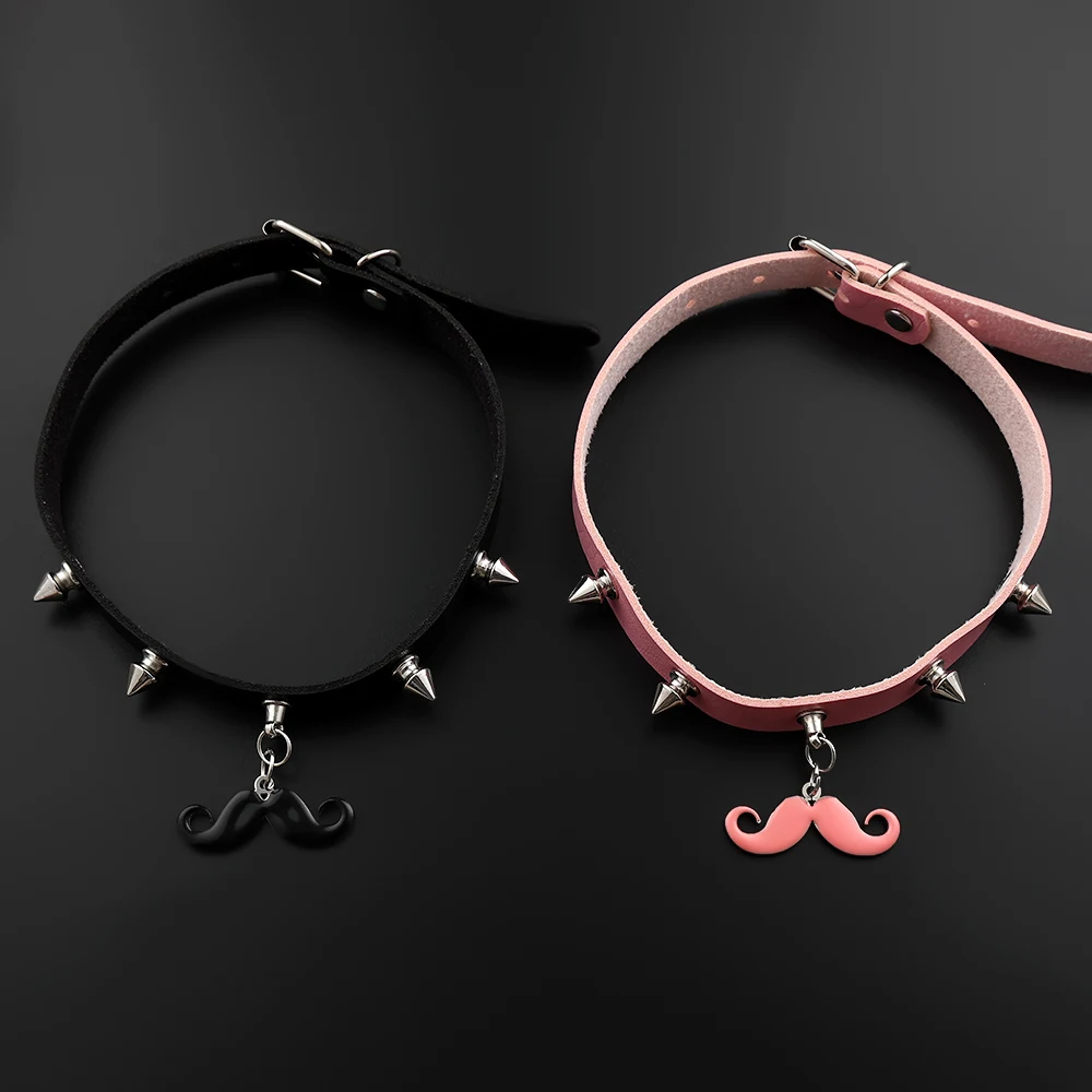 Punk Spiked PU Leather Choker Necklace for Women Pink Black Mustache Pendant Necklaces Adjustable Gothic Collar Party Jewelry