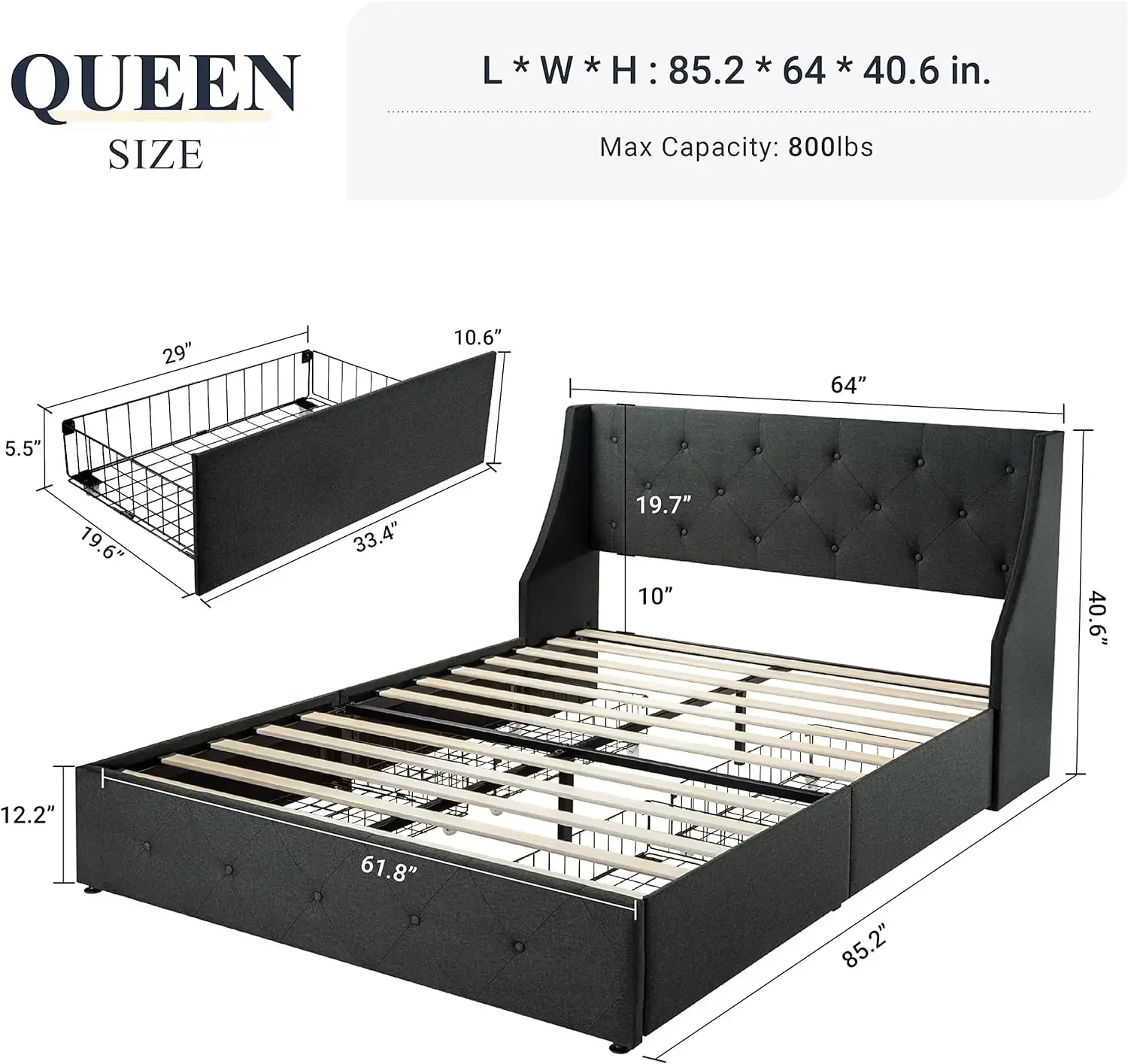 Allewie Queen Bed Frame with 4 Storage Drawers and Wingback Headboard, Button Tufted Design, No Box Spring Needed, Dark Grey