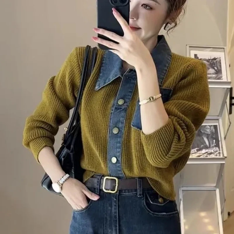 New High-end Knitwear Female Appear Thin Winter Tops Denim Splicing Polo Neck Cardigan Sweater Women Long Sleeved Cardigan Knit