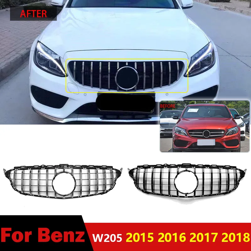

For Mercedes Benz W205 2015 2016 2017 2018 Front Bumper Grille Hood Mesh Replacement Center Grill Without Camera Hole GT Style