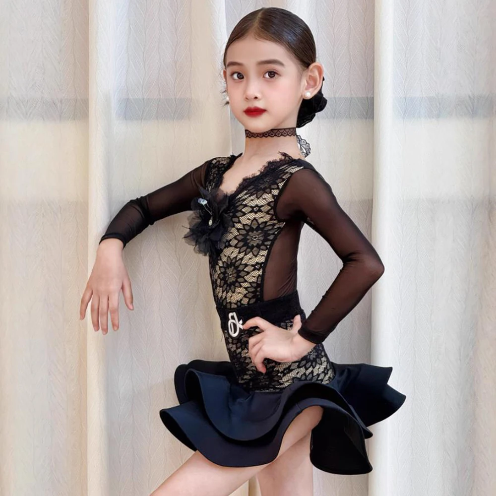 Costume de danse latine pour enfants filles, body en maille et dentelle à manches longues et jupes en arête de poisson, ensemble d'entraînement de nouveau Style, 2025