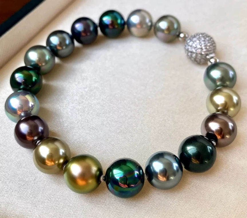 GENUINE NATURAL TAHITIAN BLACK PEARL BRACELET 7.5-8"12-14MM