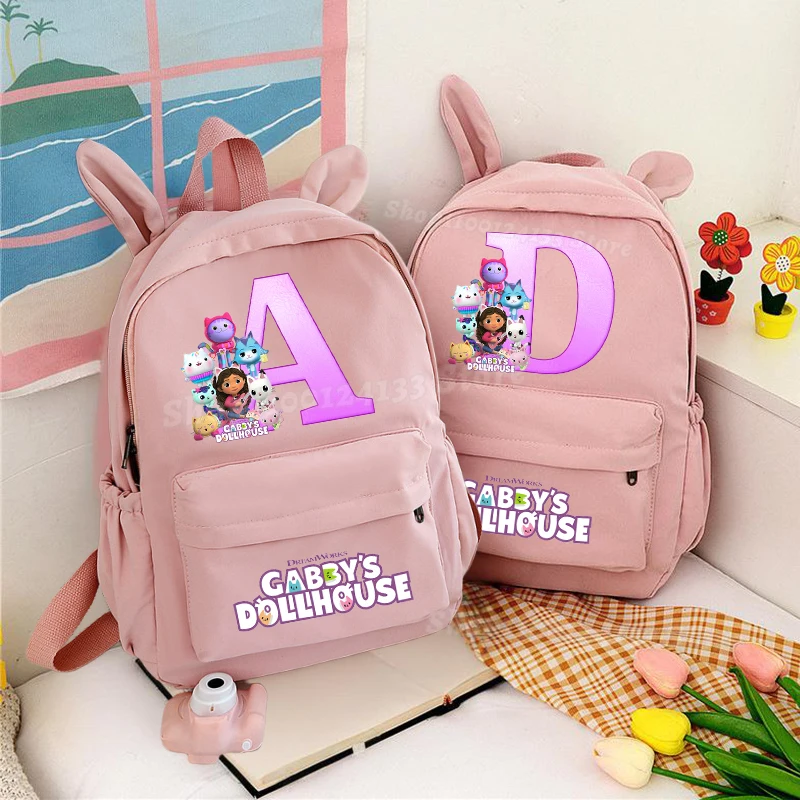 

Dollhouses Gabbyed Woman Pink Rabbit Ear Backpack Cute Letters A-Z Anime Print Kids Girl Student Pen Book School Bag Back School