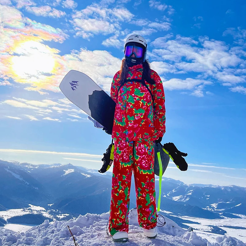 S-XXXL set pakaian salju Pria Wanita musim dingin ukuran Plus jaket Snowboard hangat dengan celana Motif bunga merah tahan air