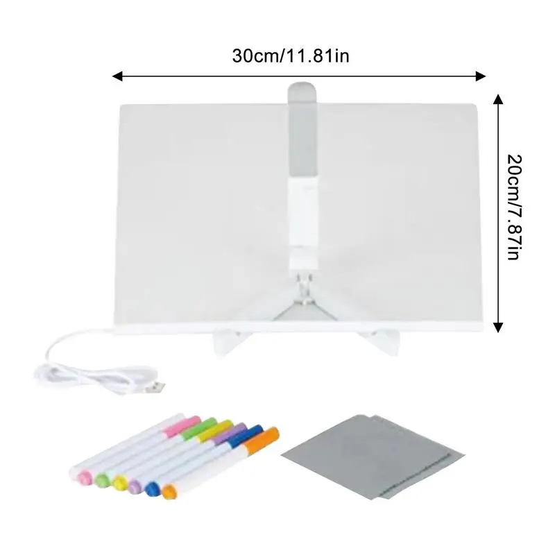 Tableau mémo en acrylique effaçable à sec, lampe de chevet, bloc-notes, tableau d'affichage avec 7 stylos colorés, tableau blanc de bureau LED pour enfants