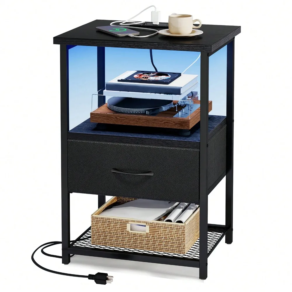 

Прикроватный столик с зарядной станцией, LED-подсветкой и тканевыми ящиками, прикроватный столик с отделкой из ПУ, для спальни