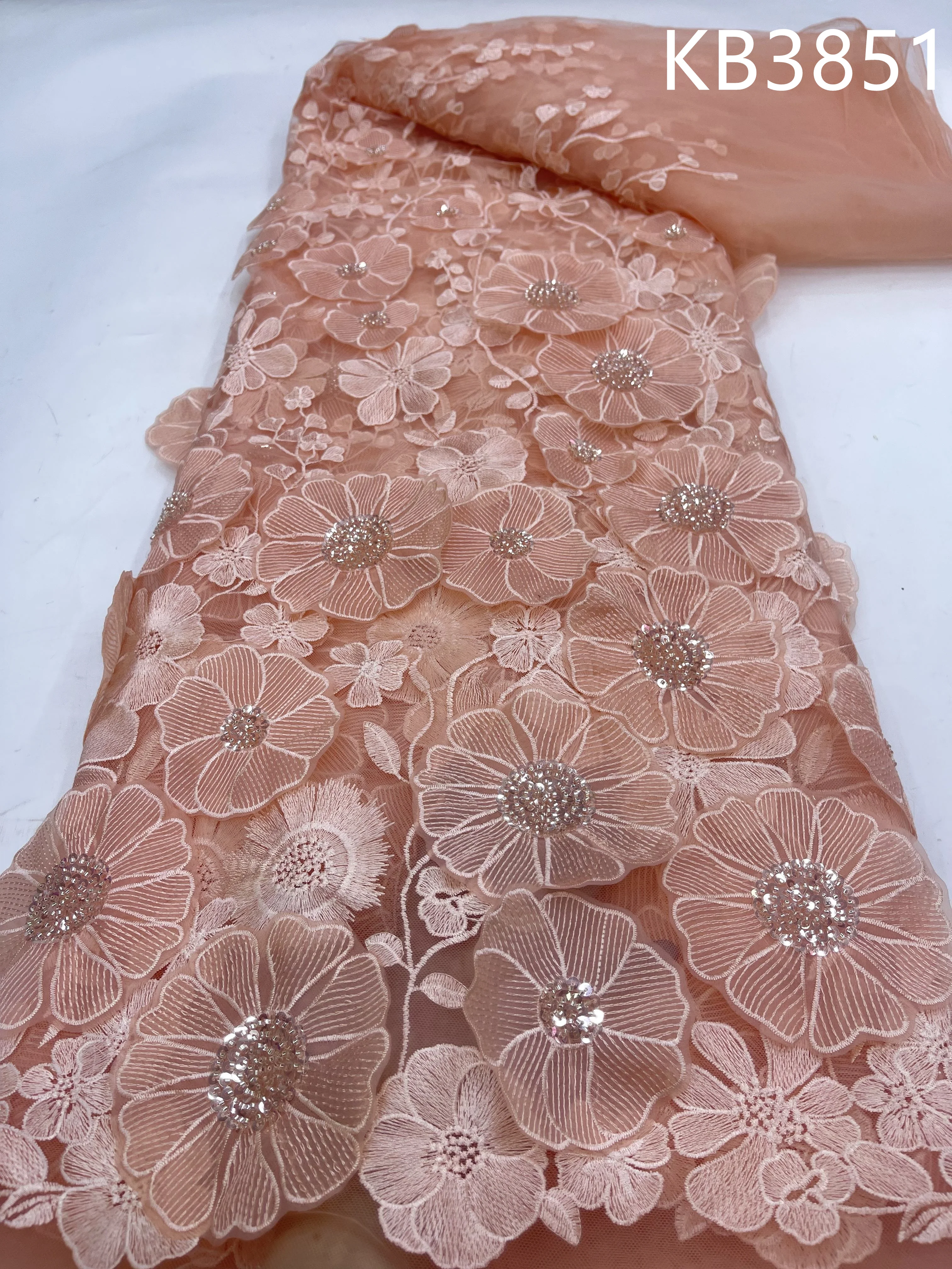 

2025 Beads Embroidered Lace 3d Flower Lace Fabric Nigerian Wedding Party Dresses African 3d Flower Tulle Lace for Sewing KB3851