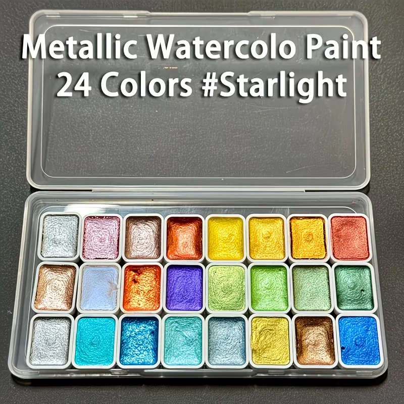 24 Farben Metallic-Aquarellfarben-Set, tragbar, leicht, hochkonzentriertes Pigment, Sternenschimmer für Künstler, Festivalgeschenk