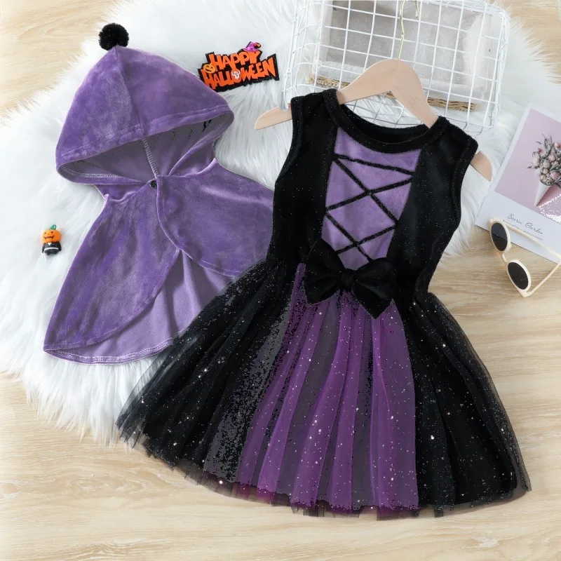 Toddler Baby Girls Witch Halloween Dress Purple Hooded Cape Costume with Bow and Star Tulle Skirt Party Outfit 0 24M