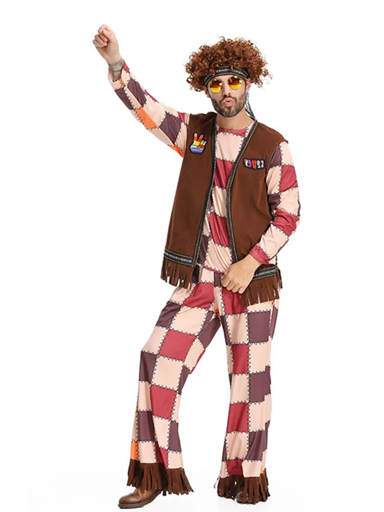 

Мужской костюм хиппи на Хэллоуин 70-х годов в стиле ретро в большой клетку для сценического выступления, полиэстер, этническая женская мода, весна-осень
