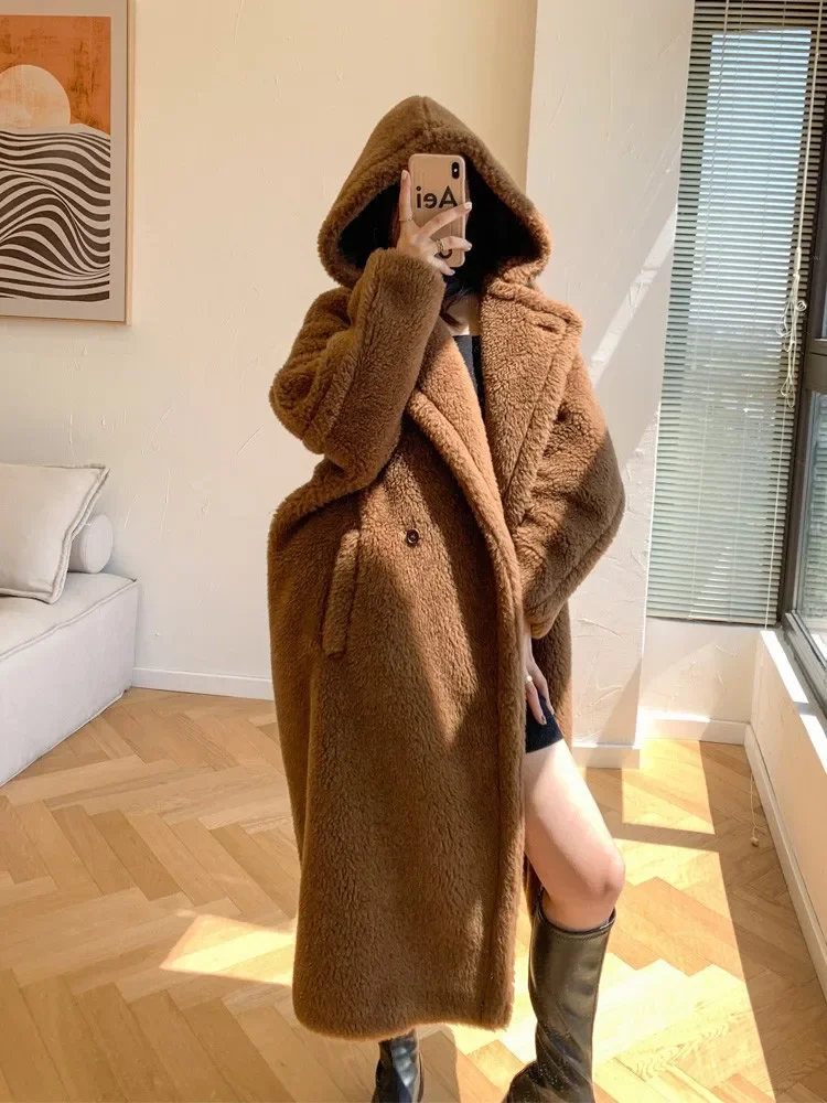 Hooded Teddy Bear Coat Medium To Long Tobacco Colored Alpaca Fur Silhouette Fur Coat for Women